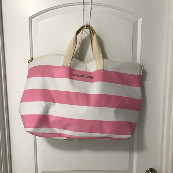 Victoria’s Secret Pink and White Stripe Weekender Beach Canvas Tote - Picture 1 of 4